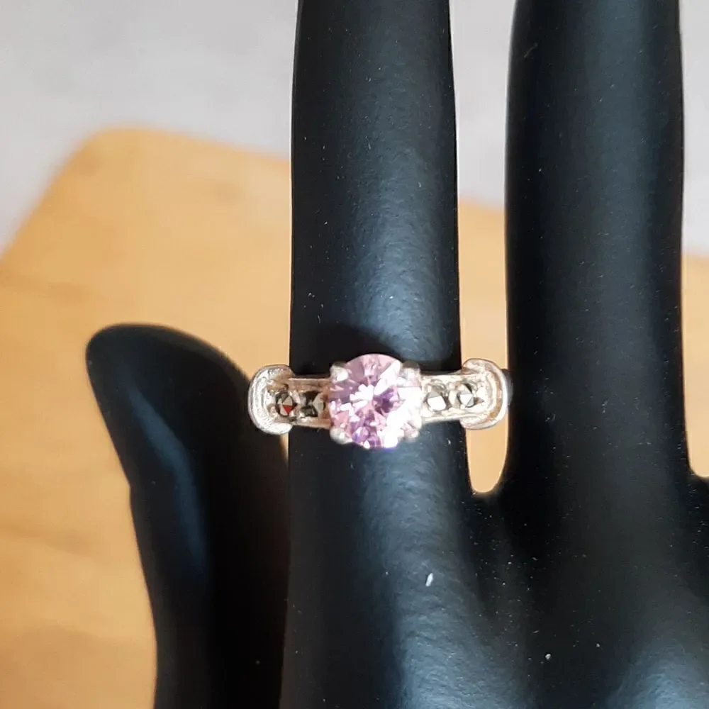 Sterling silver ring with pinkish glass stone and marcasite